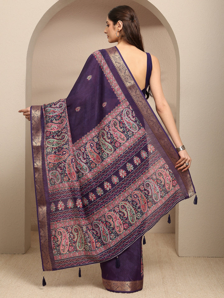 Purple Paisley Printed Silk Blend Saree With Unstitched Blouse Piece