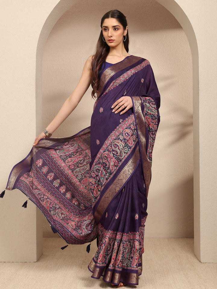 Purple Paisley Printed Silk Blend Saree With Unstitched Blouse Piece