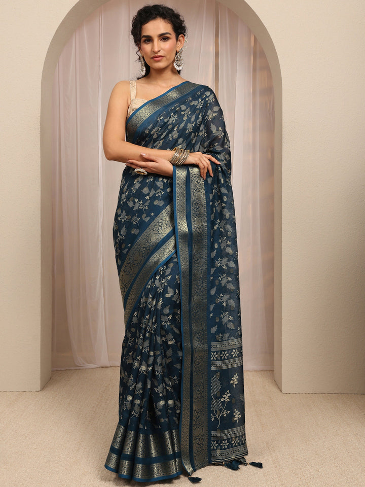 Navy Blue Floral Printed Silk Blend Saree With Unstitched Blouse Piece