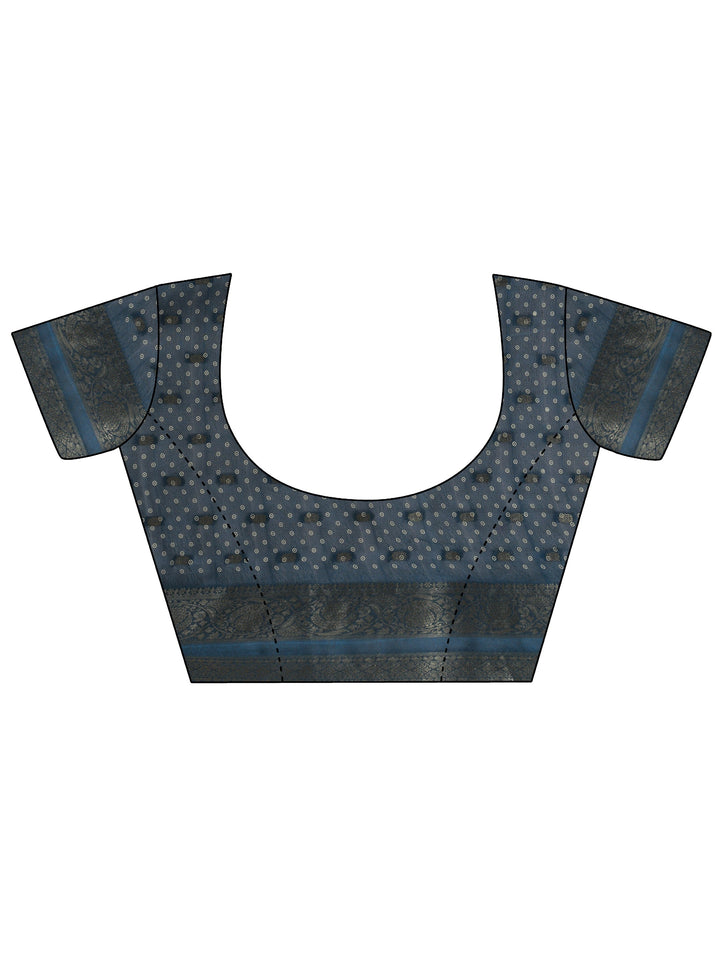 Navy Blue Floral Printed Silk Blend Saree With Unstitched Blouse Piece