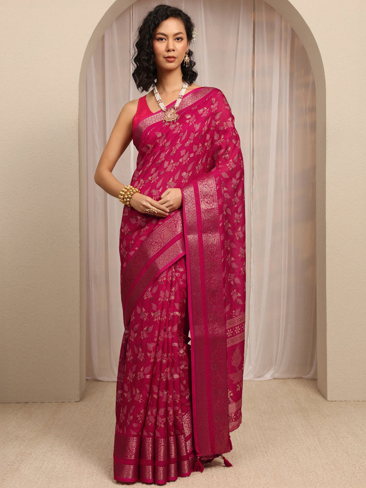 Pink Floral Printed Silk Blend Saree With Unstitched Blouse Piece