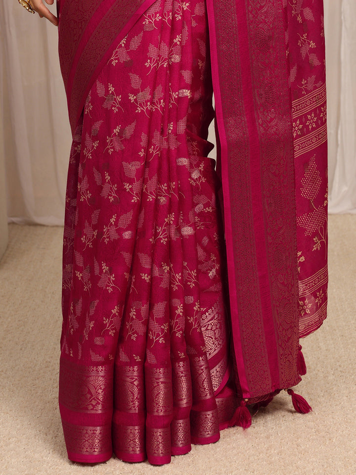 Pink Floral Printed Silk Blend Saree With Unstitched Blouse Piece