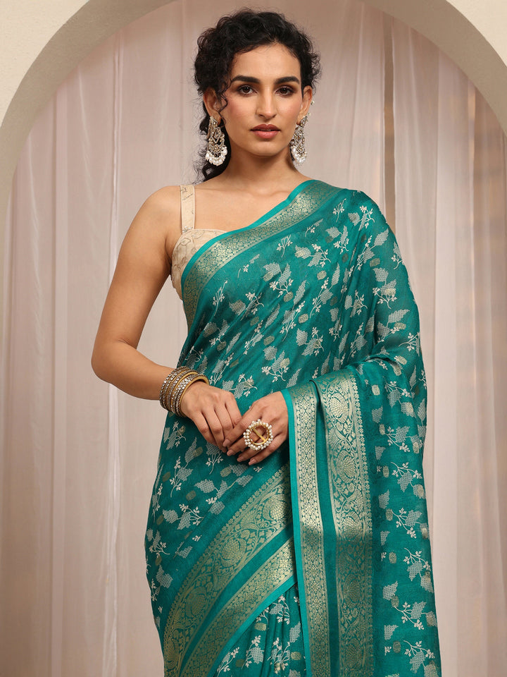 Green Floral Printed Silk Blend Saree With Unstitched Blouse Piece