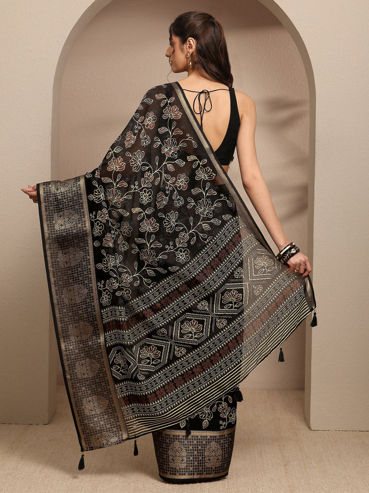 Black Floral Printed Silk Blend Saree With Unstitched Blouse Piece