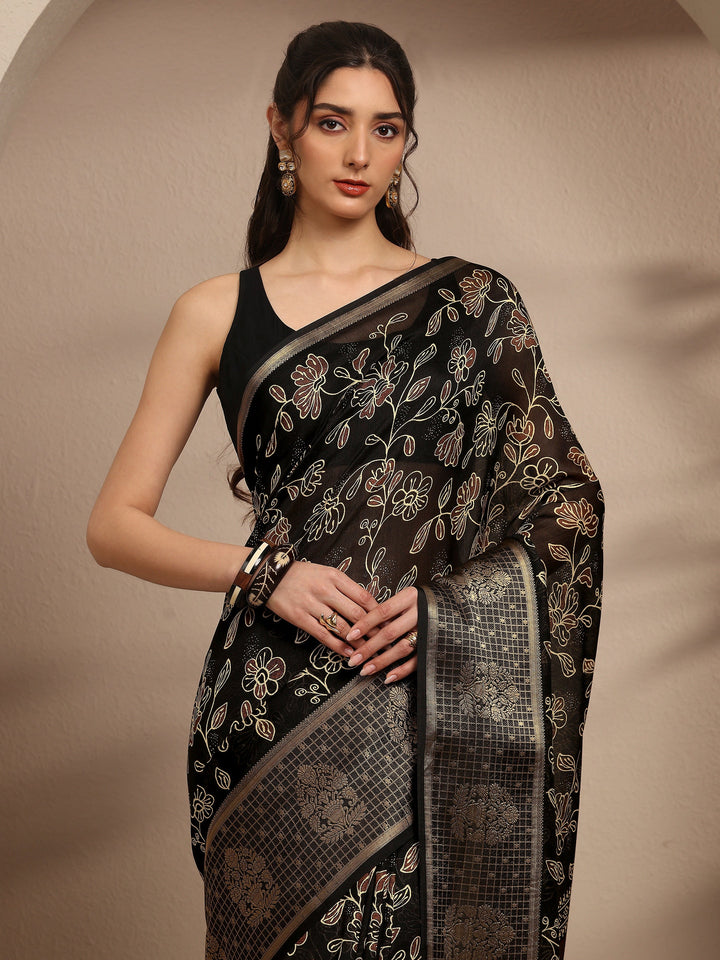Black Floral Printed Silk Blend Saree With Unstitched Blouse Piece