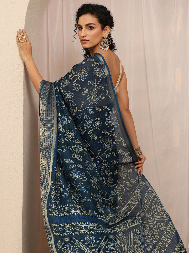 Blue Floral Printed Silk Blend Saree With Unstitched Blouse Piece
