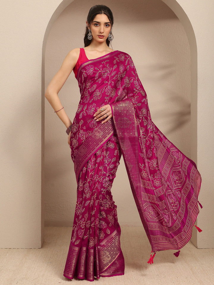 Pink Floral Printed Silk Blend Saree With Unstitched Blouse Piece