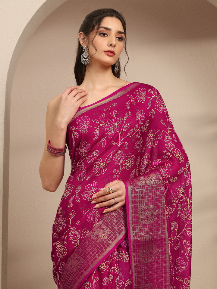 Pink Floral Printed Silk Blend Saree With Unstitched Blouse Piece