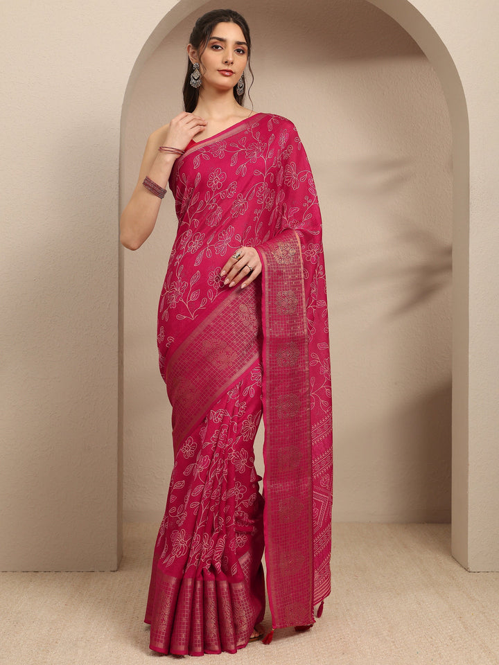 Pink Floral Printed Silk Blend Saree With Unstitched Blouse Piece