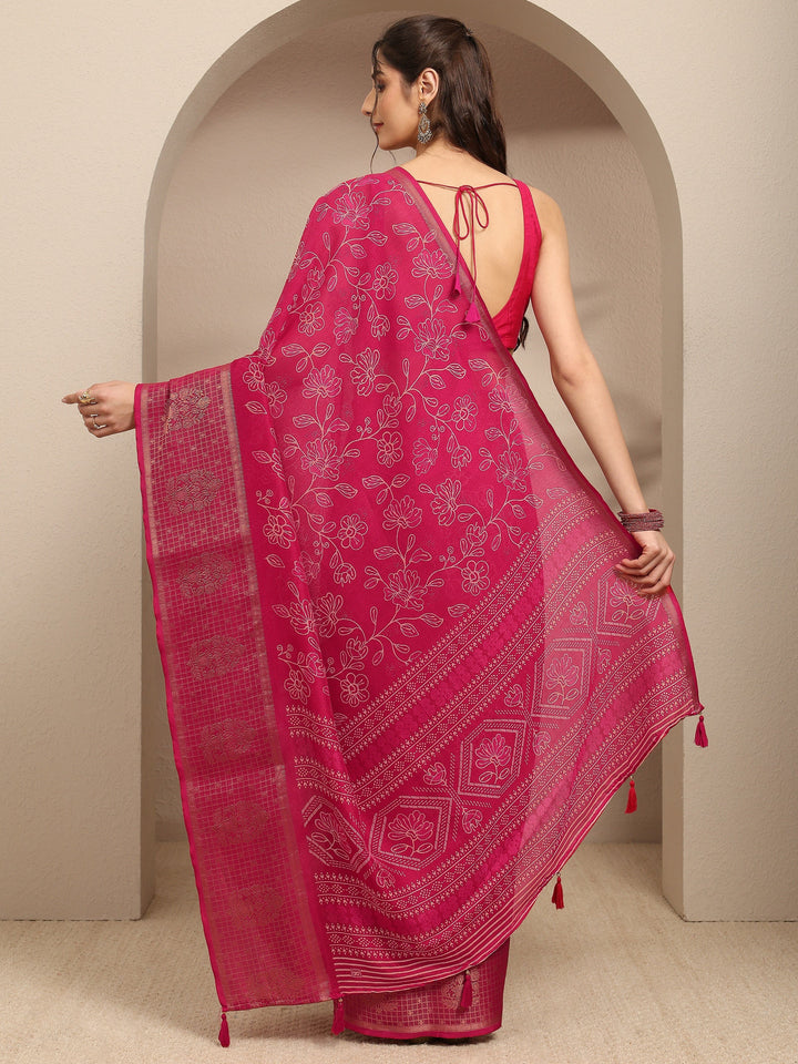 Pink Floral Printed Silk Blend Saree With Unstitched Blouse Piece