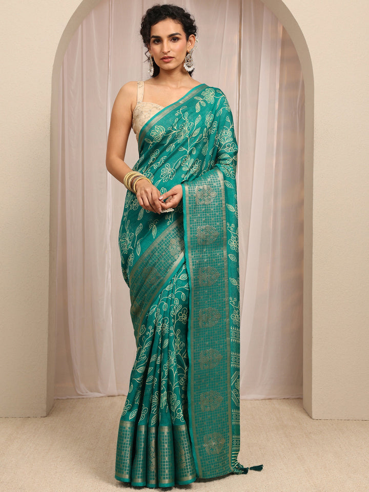 Green Floral Printed Silk Blend Saree With Unstitched Blouse Piece