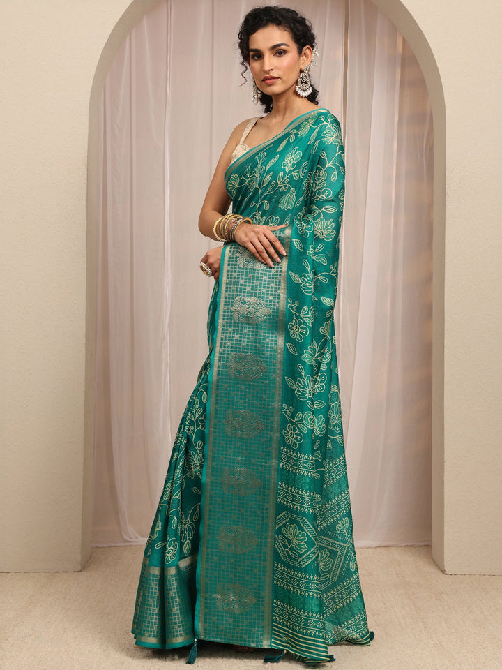Green Floral Printed Silk Blend Saree With Unstitched Blouse Piece