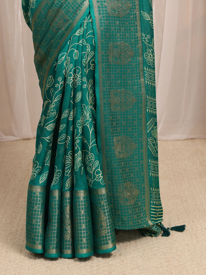 Green Floral Printed Silk Blend Saree With Unstitched Blouse Piece