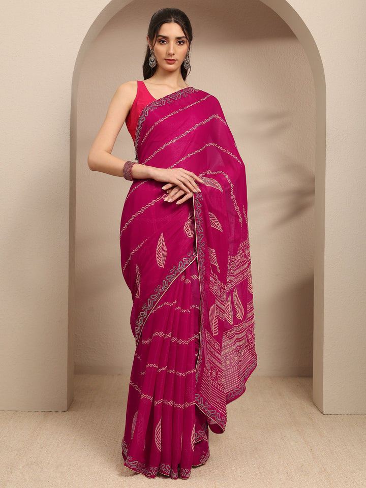 Pink Ethnic Motifs Printed Silk Blend Saree With Unstitched Blouse Piece
