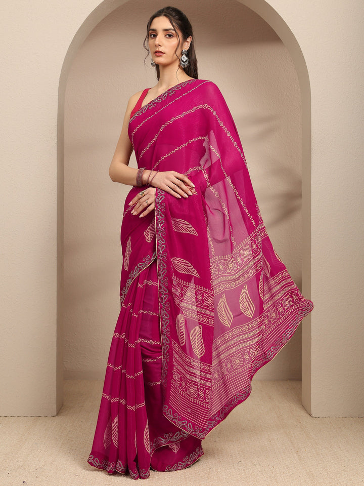 Pink Ethnic Motifs Printed Silk Blend Saree With Unstitched Blouse Piece