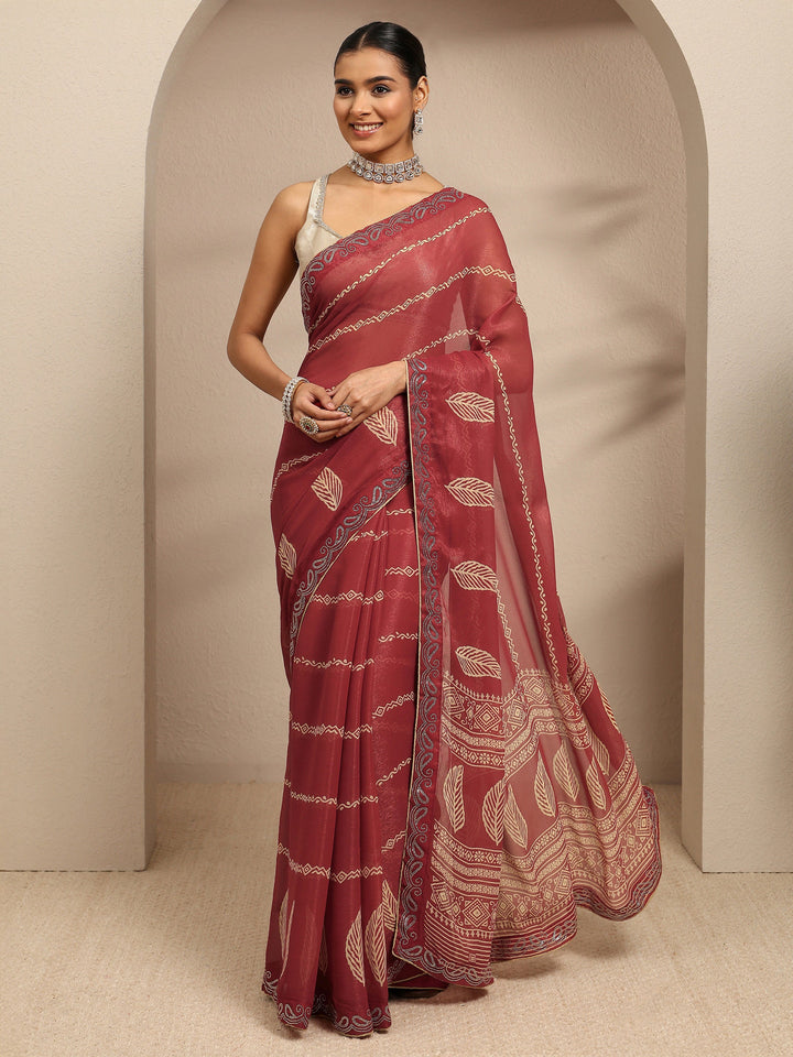 Brown Ethnic Motifs Printed Silk Blend Saree With Unstitched Blouse Piece
