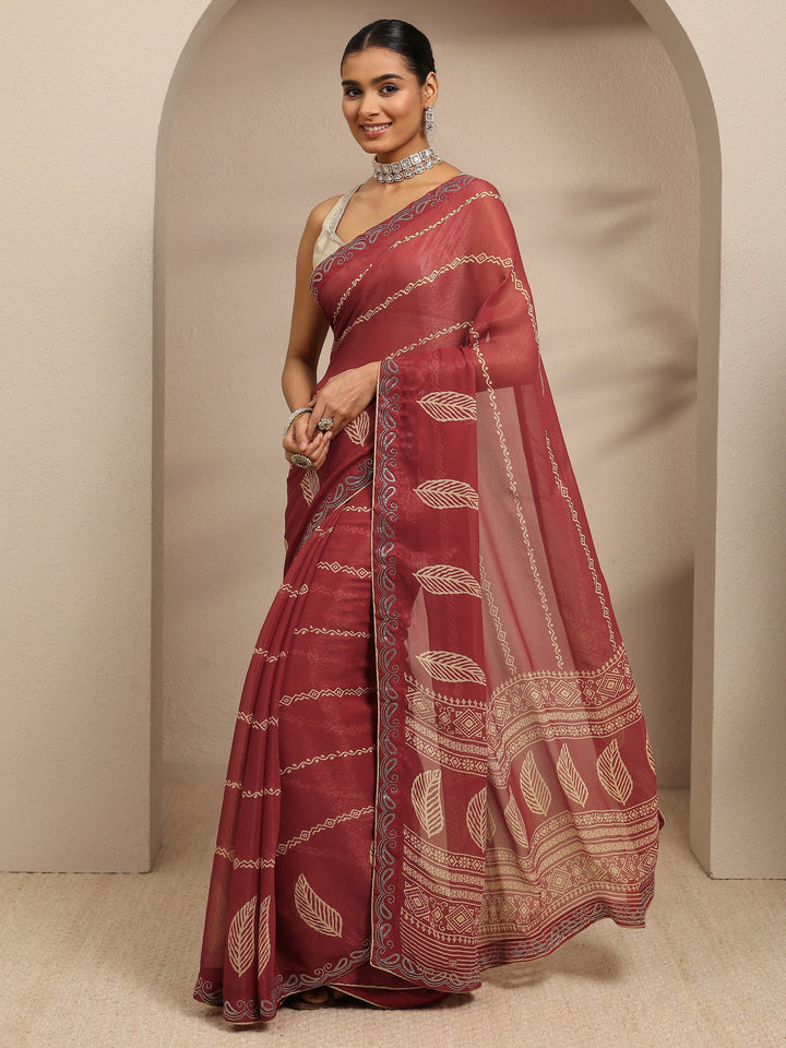 Brown Ethnic Motifs Printed Silk Blend Saree With Unstitched Blouse Piece