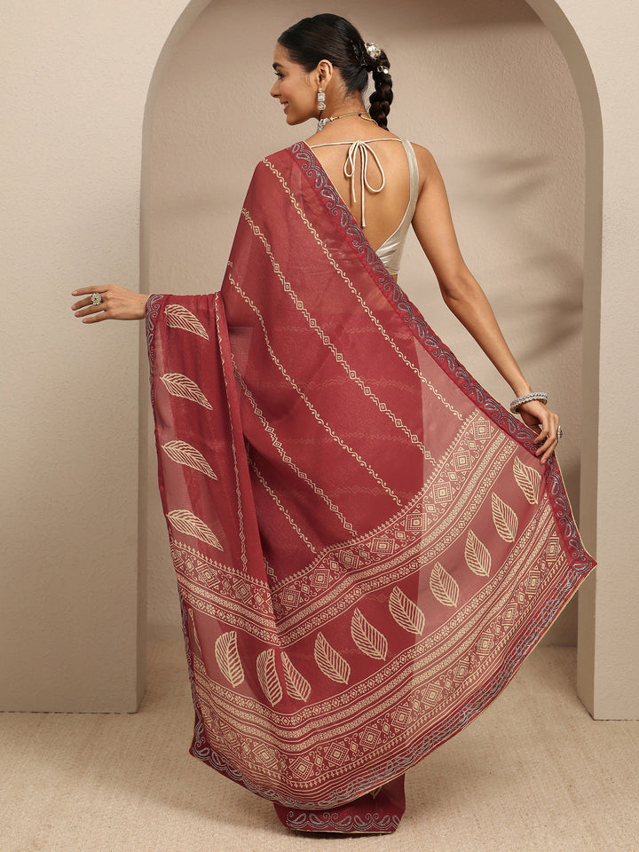 Brown Ethnic Motifs Printed Silk Blend Saree With Unstitched Blouse Piece