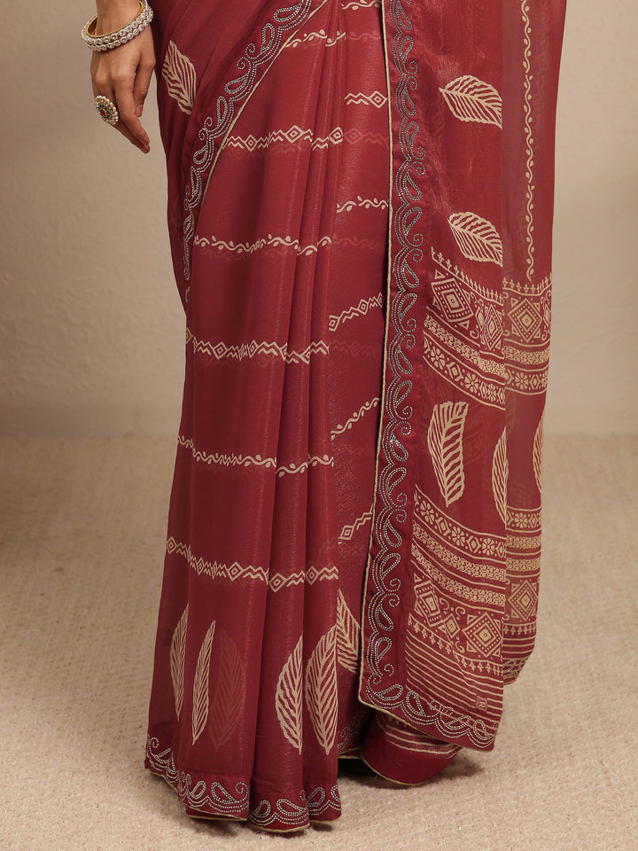 Brown Ethnic Motifs Printed Silk Blend Saree With Unstitched Blouse Piece