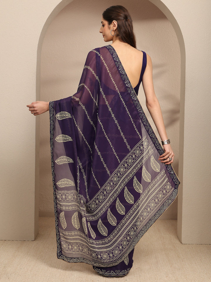 Purple Ethnic Motifs Printed Silk Blend Saree With Unstitched Blouse Piece