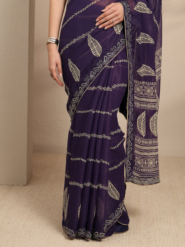 Purple Ethnic Motifs Printed Silk Blend Saree With Unstitched Blouse Piece