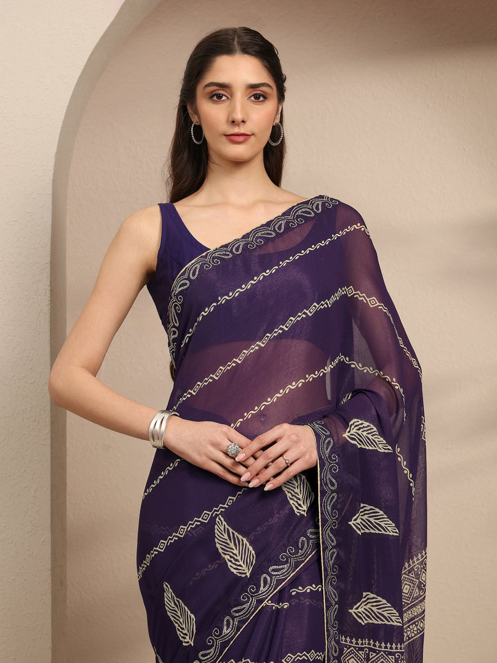 Purple Ethnic Motifs Printed Silk Blend Saree With Unstitched Blouse Piece