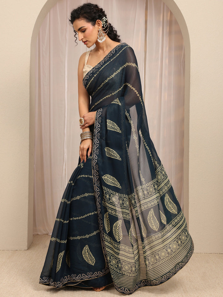 Navy Blue Printed Silk Blend Saree With Unstitched Blouse Piece