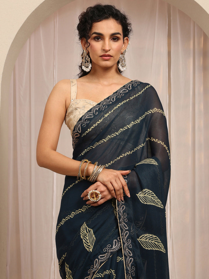 Navy Blue Printed Silk Blend Saree With Unstitched Blouse Piece
