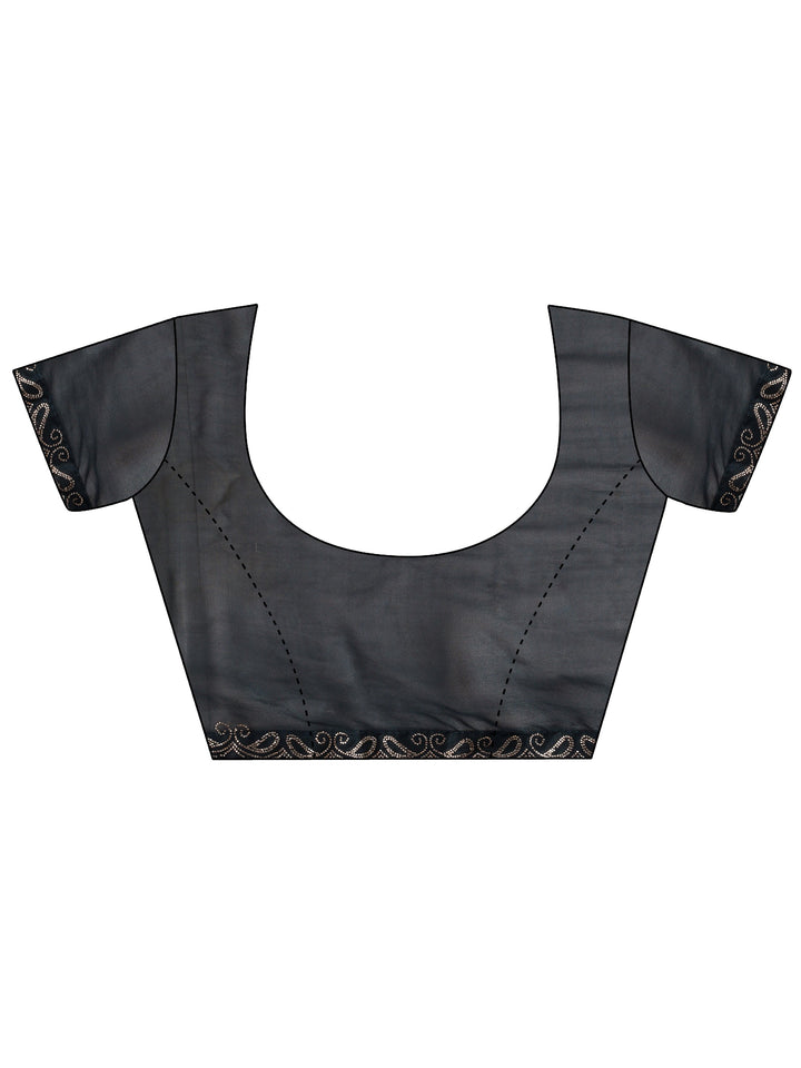 Navy Blue Printed Silk Blend Saree With Unstitched Blouse Piece