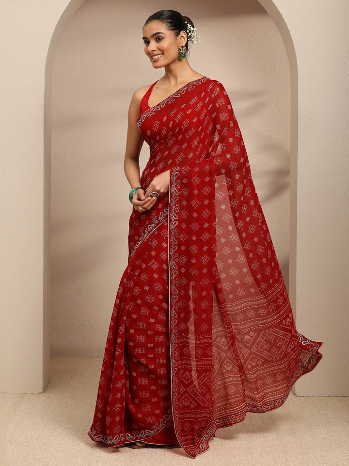 Red Ethnic Motifs Printed Silk Blend Saree With Unstitched Blouse Piece