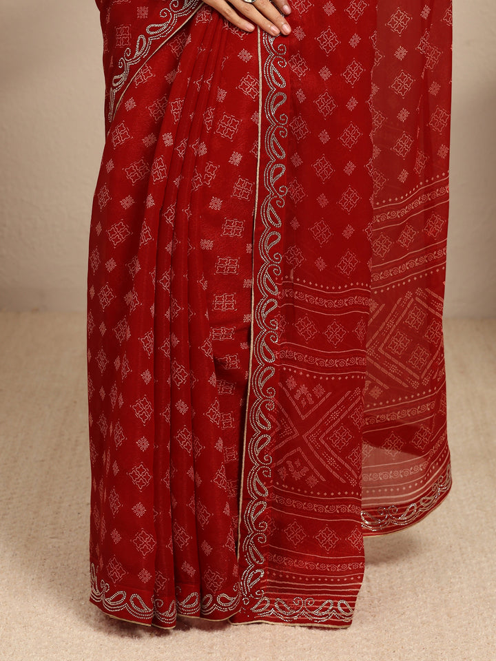 Red Ethnic Motifs Printed Silk Blend Saree With Unstitched Blouse Piece