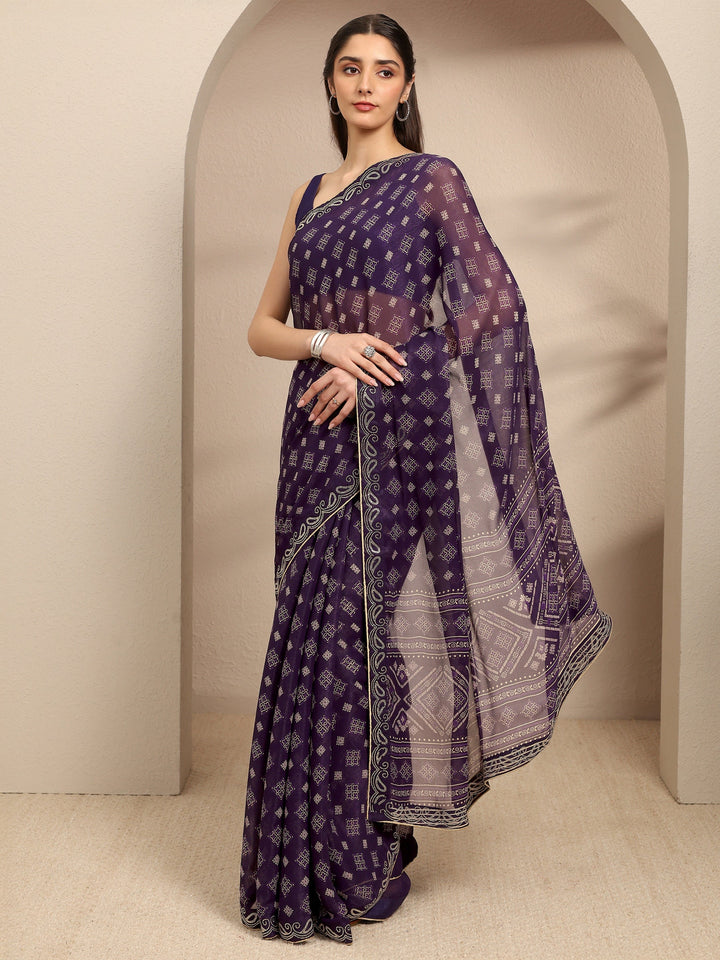 Purple Ethnic Motifs Printed Silk Blend Saree With Unstitched Blouse Piece