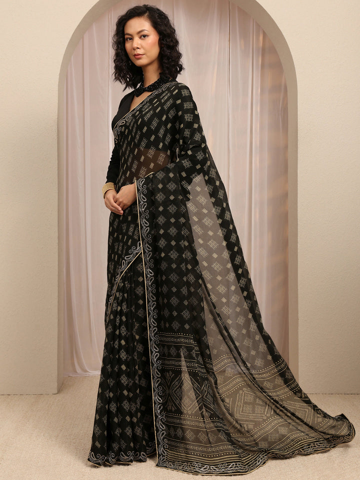 Black Printed Silk Blend Saree With Unstitched Blouse Piece