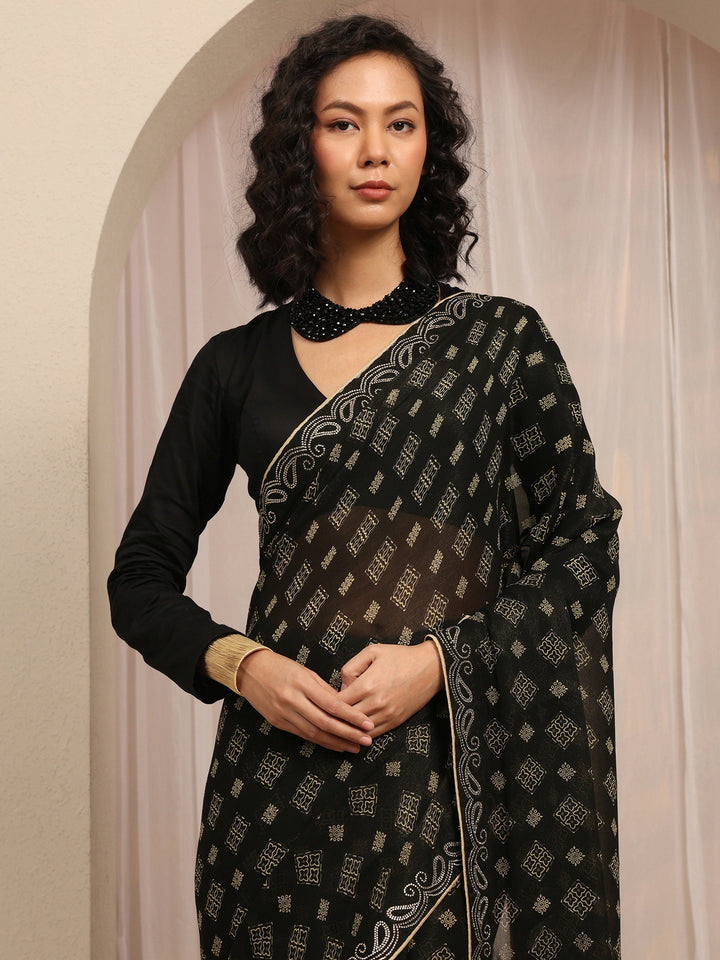 Black Printed Silk Blend Saree With Unstitched Blouse Piece
