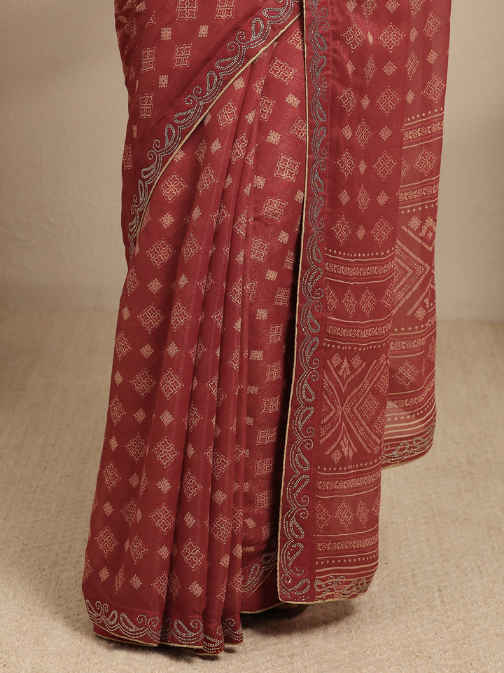 Brown Ethnic Motifs Printed Silk Blend Saree With Unstitched Blouse Piece