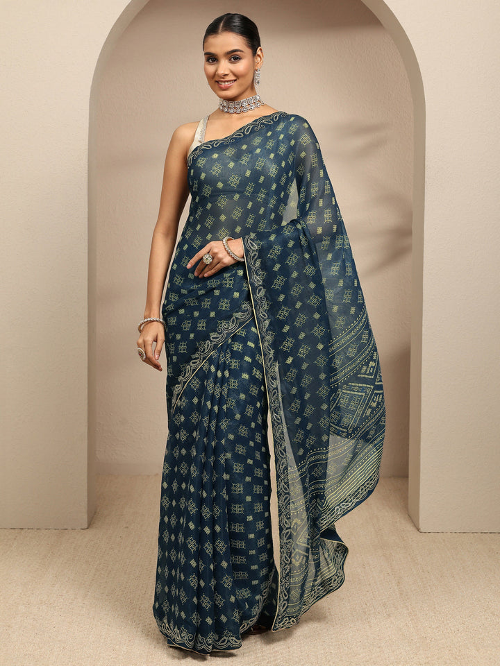 Navy Blue Ethnic Motifs Printed Silk Blend Saree With Unstitched Blouse Piece