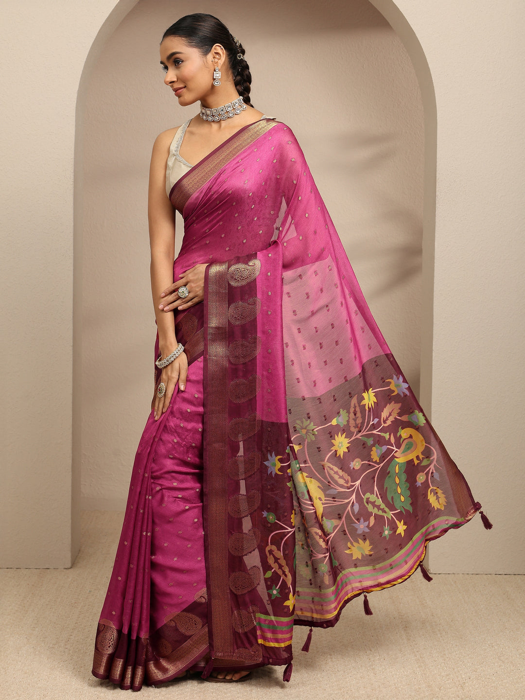 Pink Paisley Woven Design Silk Blend Saree With Unstitched Blouse Piece