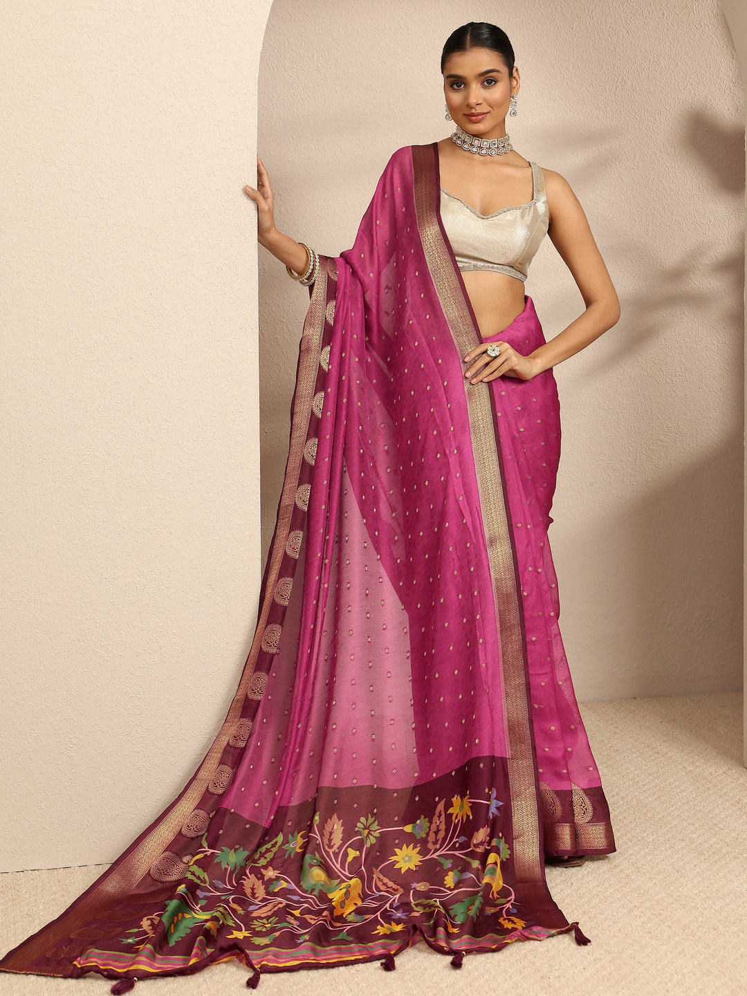 Pink Paisley Woven Design Silk Blend Saree With Unstitched Blouse Piece