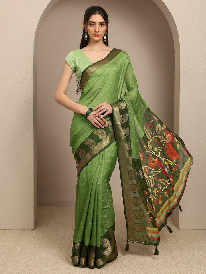 Green Paisley Woven Design Silk Blend Saree With Unstitched Blouse Piece