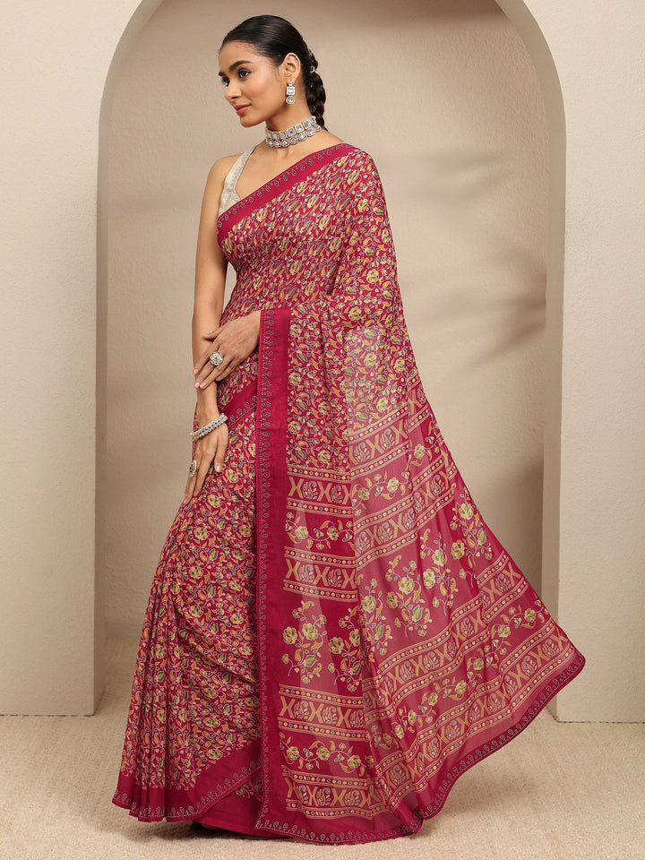 Red Floral Printed Silk Blend Saree With Unstitched Blouse Piece