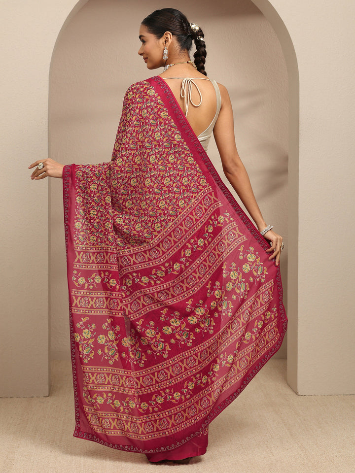 Red Floral Printed Silk Blend Saree With Unstitched Blouse Piece