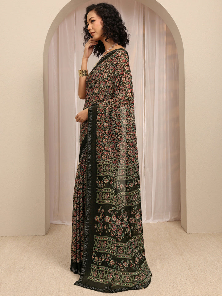 Black Floral Printed Silk Blend Saree With Unstitched Blouse Piece