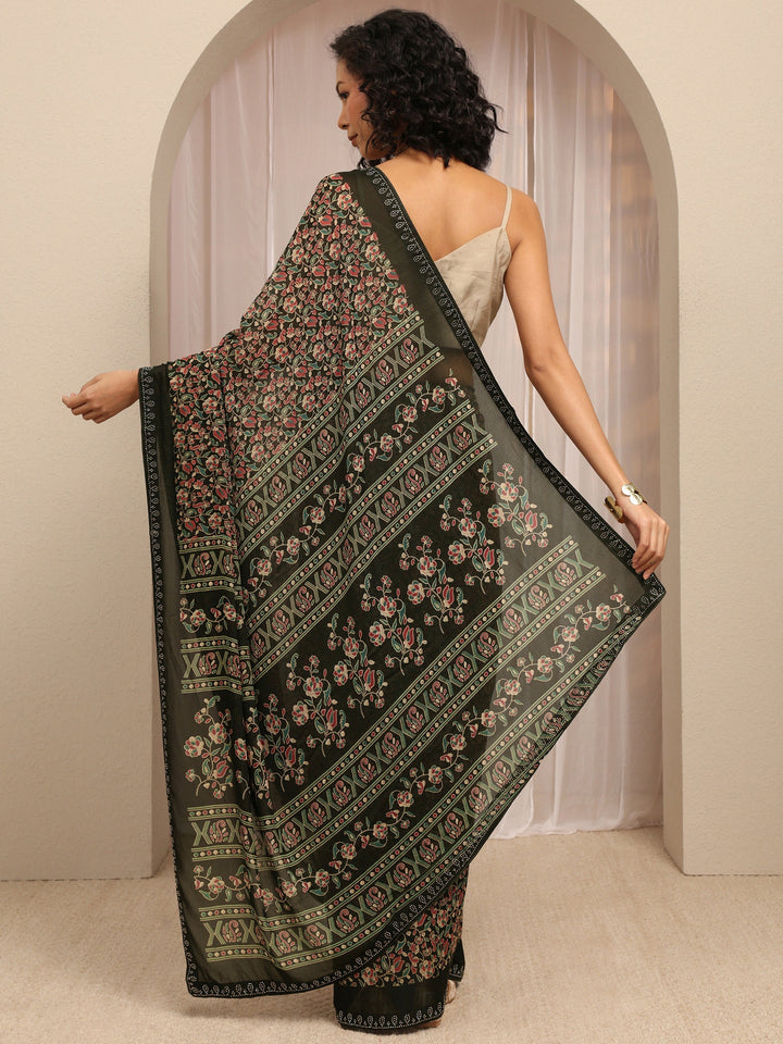Black Floral Printed Silk Blend Saree With Unstitched Blouse Piece