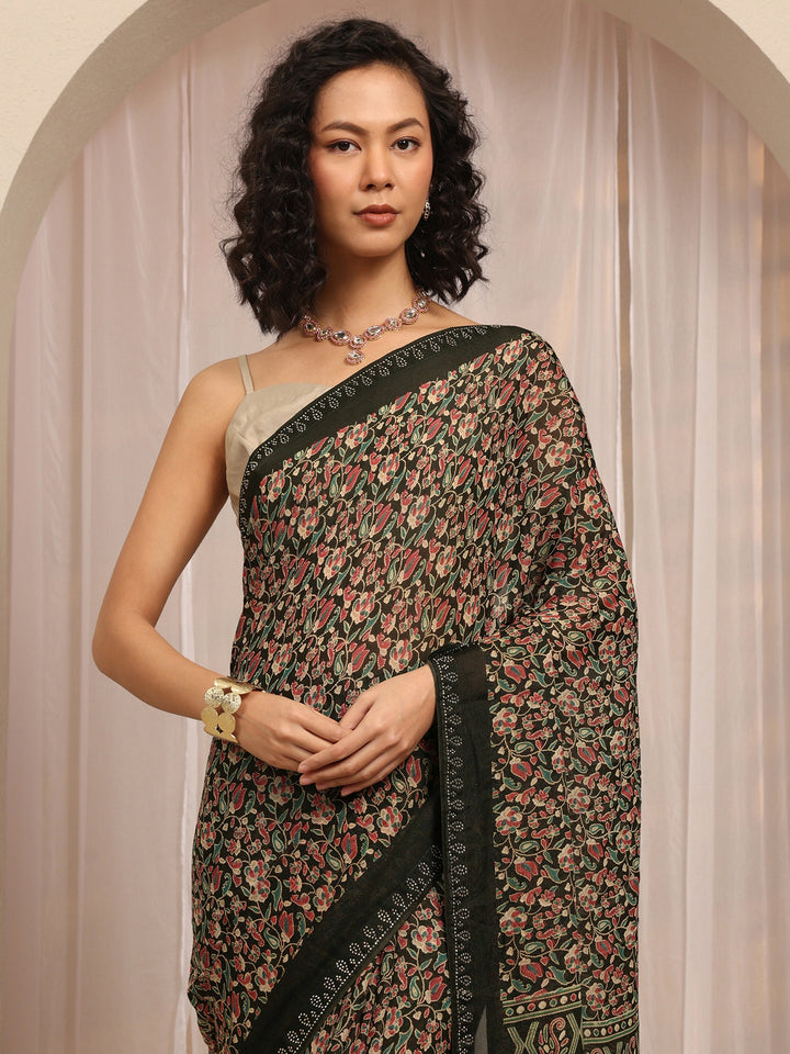 Black Floral Printed Silk Blend Saree With Unstitched Blouse Piece