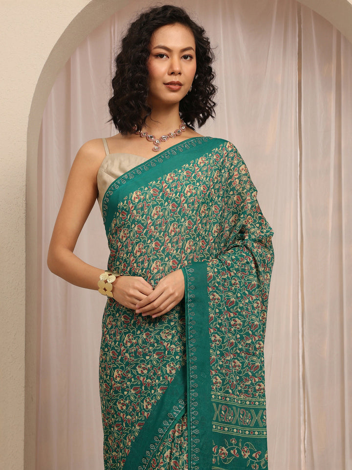 Green Floral Printed Silk Blend Saree With Unstitched Blouse Piece