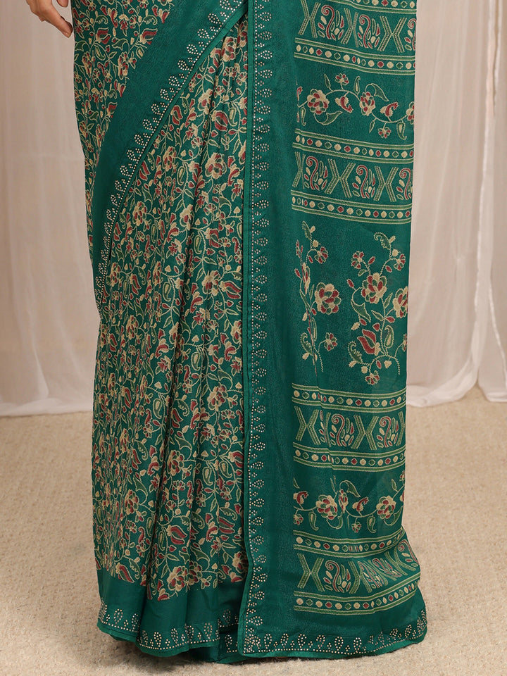 Green Floral Printed Silk Blend Saree With Unstitched Blouse Piece