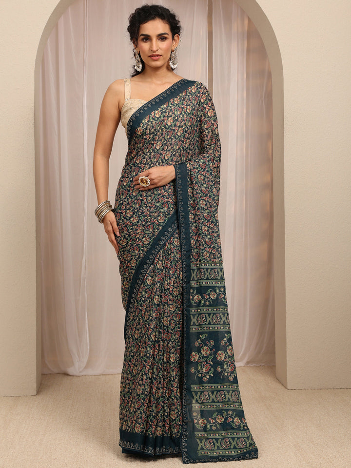 Navy Blue Floral Printed Silk Blend Saree With Unstitched Blouse Piece