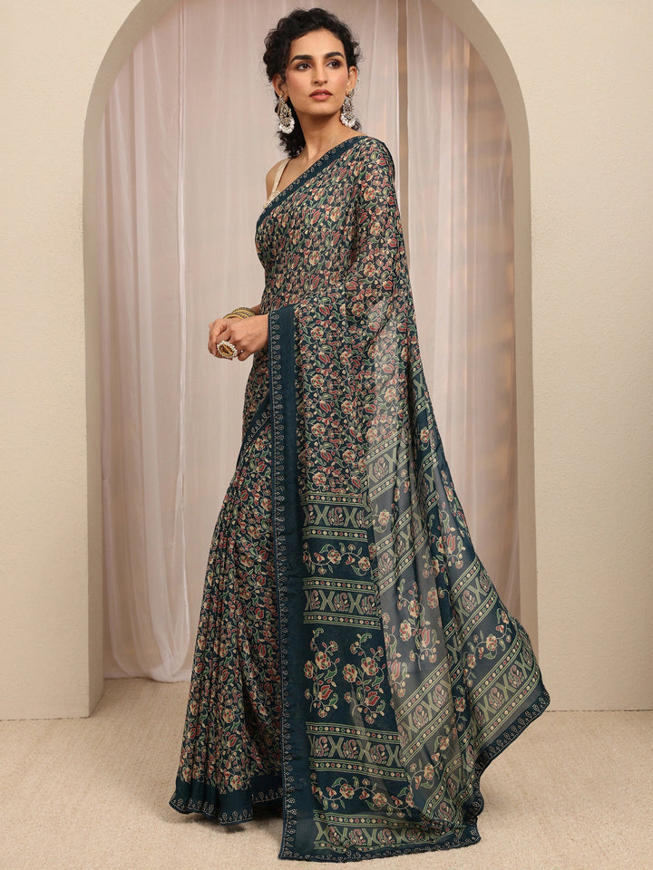 Navy Blue Floral Printed Silk Blend Saree With Unstitched Blouse Piece