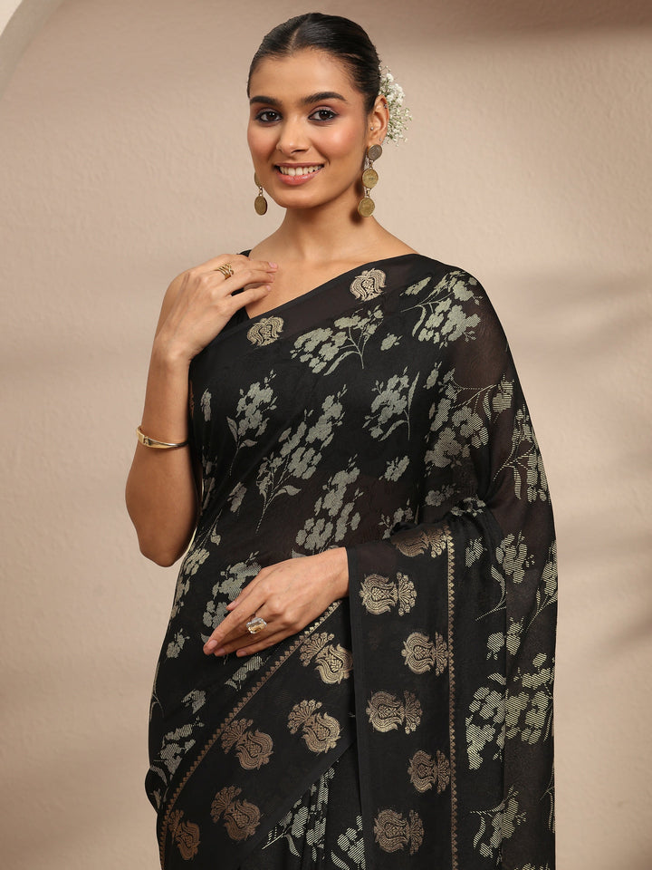 Black Floral Printed Silk Blend Saree With Unstitched Blouse Piece