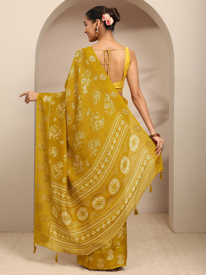 Mustard Floral Printed Silk Blend Saree With Unstitched Blouse Piece